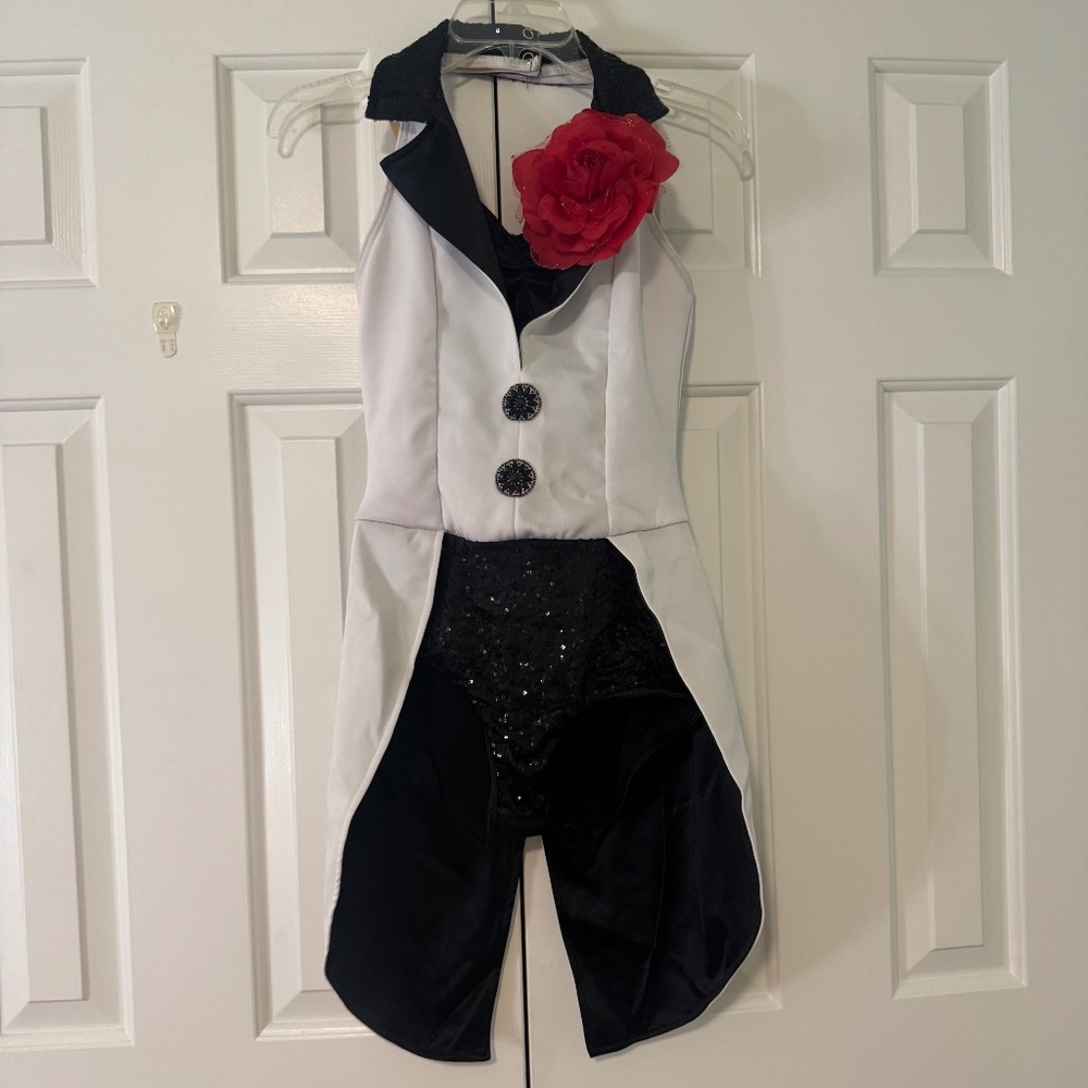 Tuxedo Dance Costume w/ Red Flower & Sequin Shorts